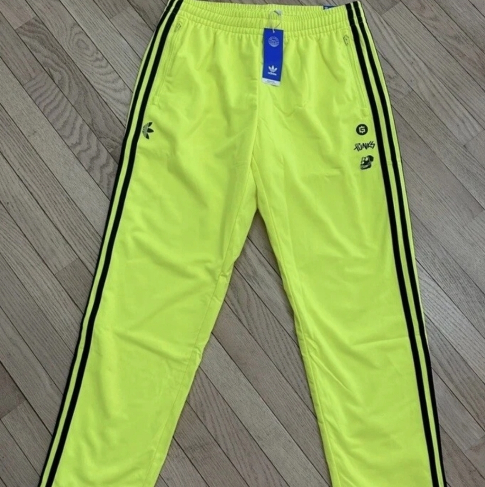 adidas Mens Neon Yellow Track Pants with Black Side Stripes